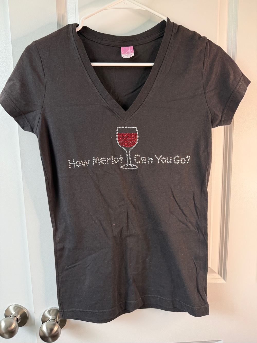 Women's Black V-Neck Tee with Rhinestone Wine Glass Graphic
